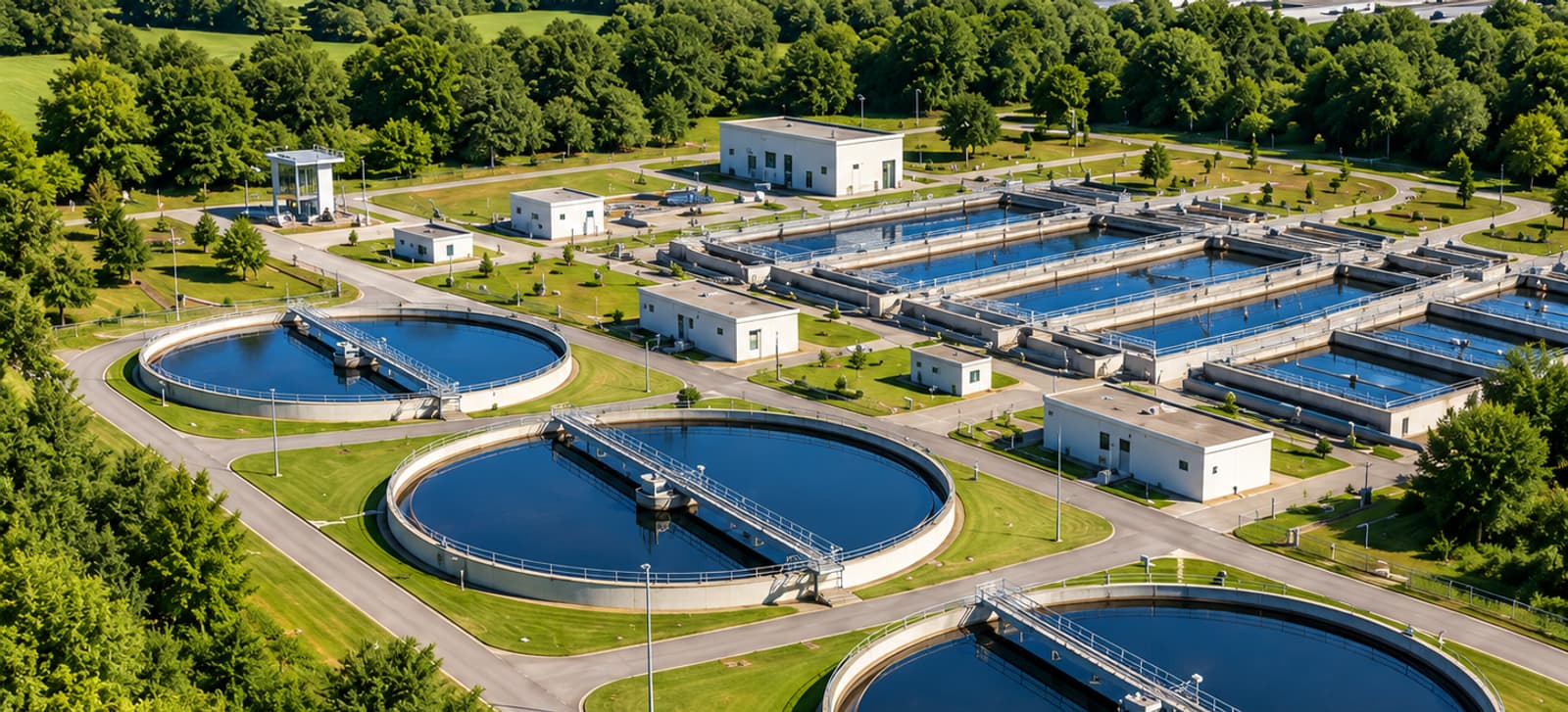 Aerial view of a wastewater treatment works with circular clarifiers and aeration lanes